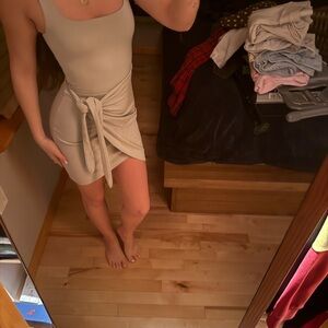Aritzia Beige Tie-Waist Ribbed Mini Dress